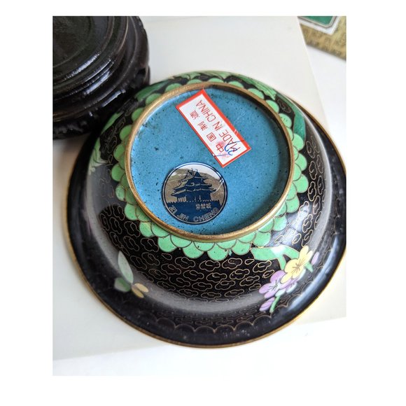 Mid Century Chinese Zi Jin Cheng Cloisonne Bowl with Brass Rims Stand & Box - Picture 4 of 9